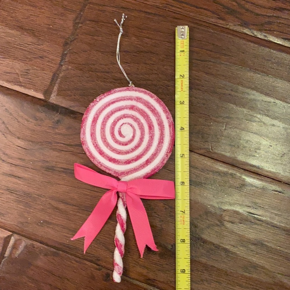 Pink & White swirl lollipop Holiday Christmas Tree ornament glitter & bow 7x3.5” - Picture 7 of 9